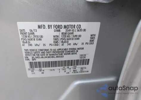 2013 Lincoln Mkx z USA, uszkodzony, nr VIN 2LMDJ8JK9DBL38322